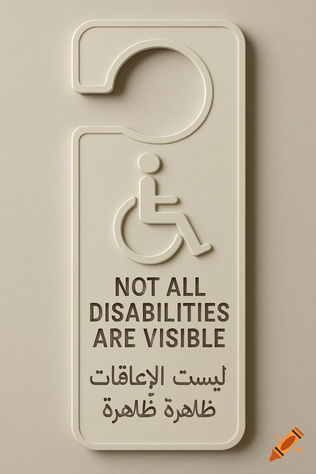 3D rendering of a beige door hanger with disability symbol and text 'NOT ALL DISABILITIES ARE VISIBLE' in English and Arabic.