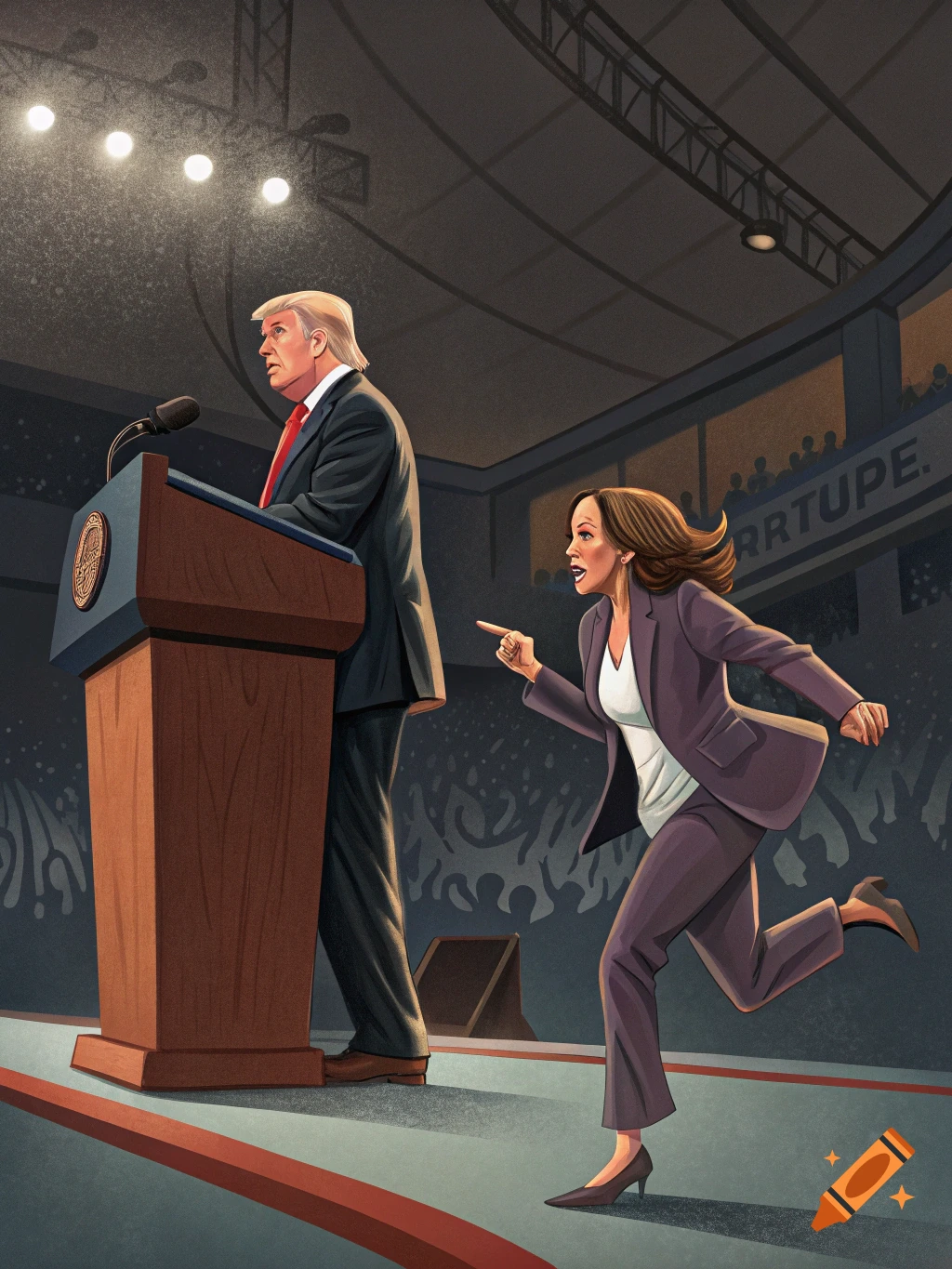Illustration of Donald Trump at a podium with Kamala Harris running and pointing at him.