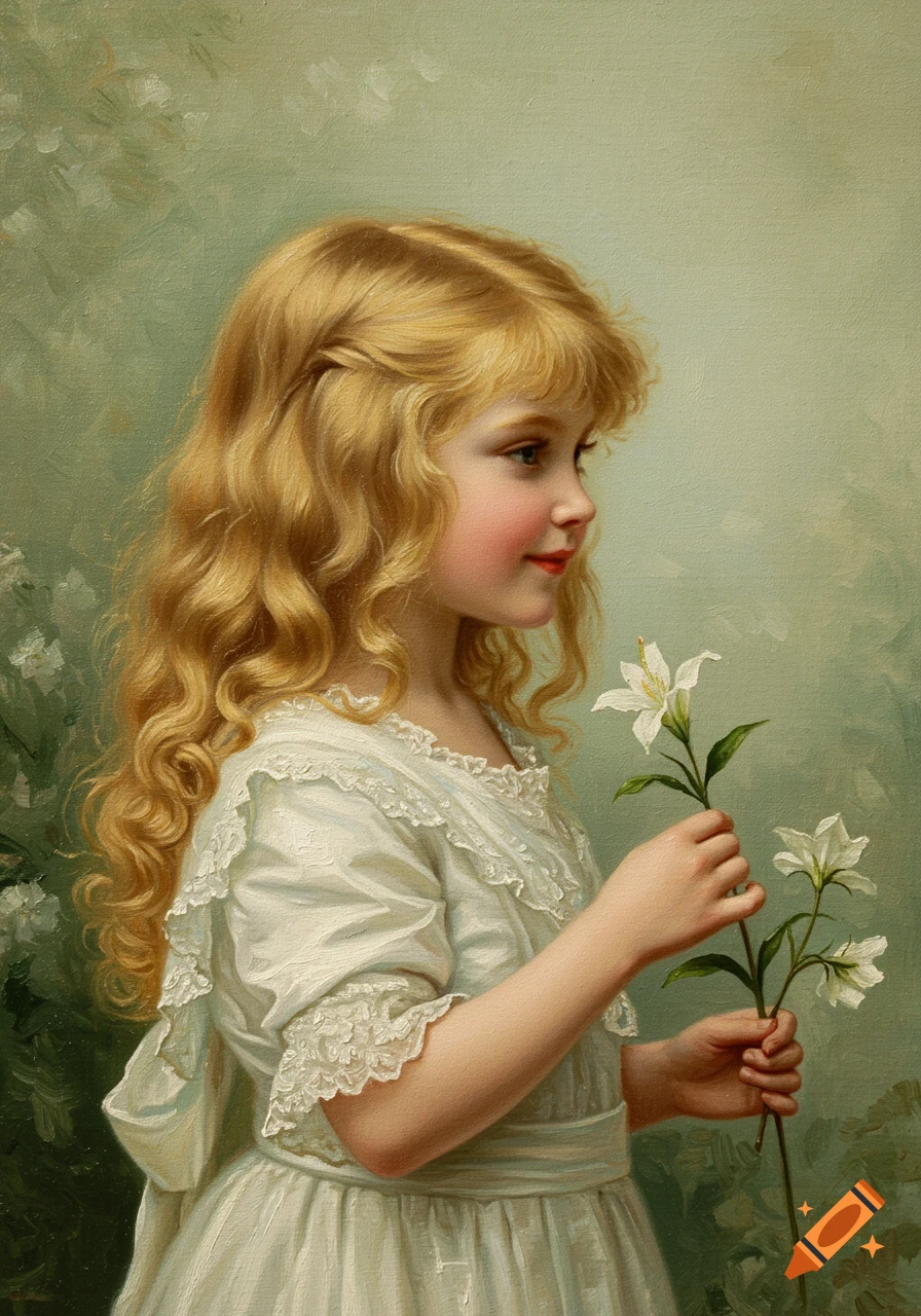 Classical oil painting of a young girl with blonde hair, in a white dress, holding white flowers.