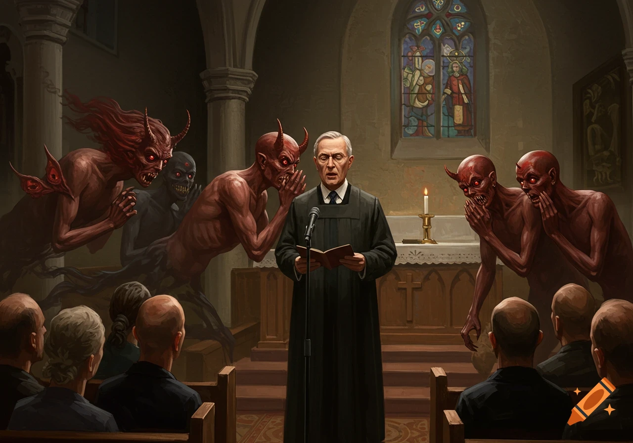 Demons whispering to a preacher and congregation in a church.