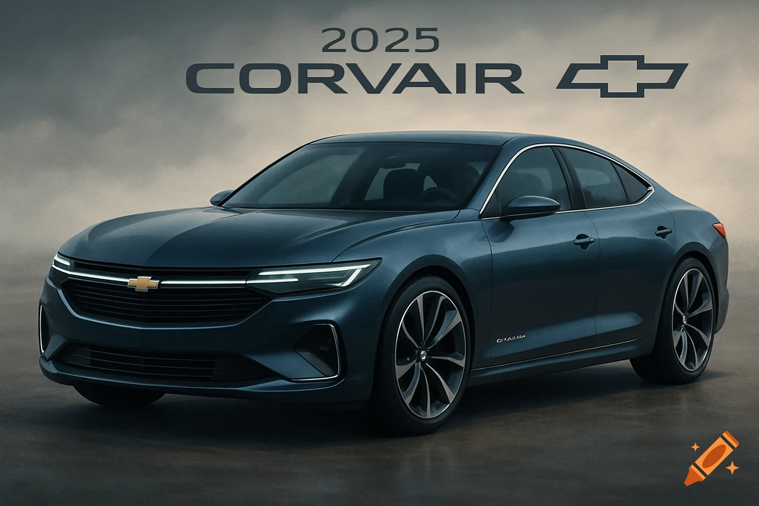 A dark blue 2025 Chevrolet Corvair concept car.
