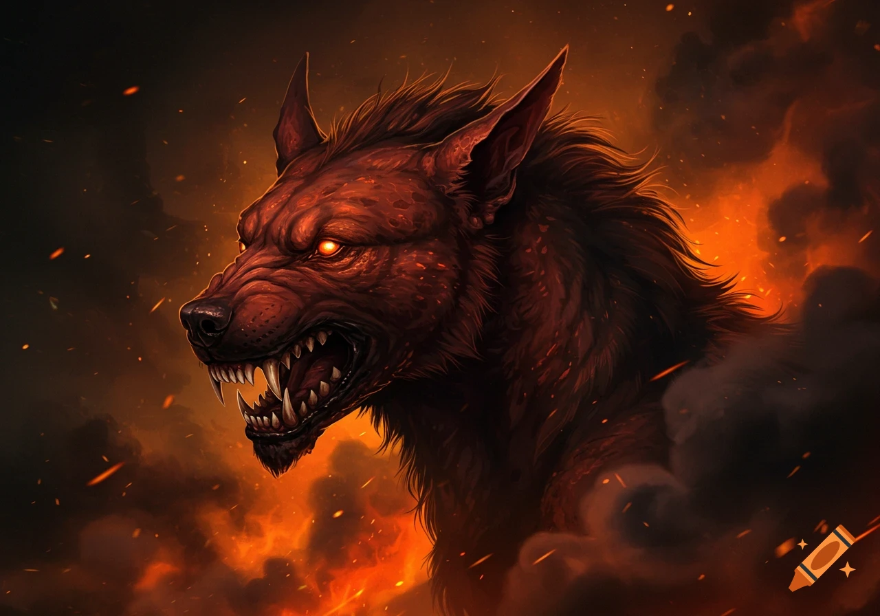 A red hellhound with glowing eyes and sharp teeth is surrounded by fire and smoke