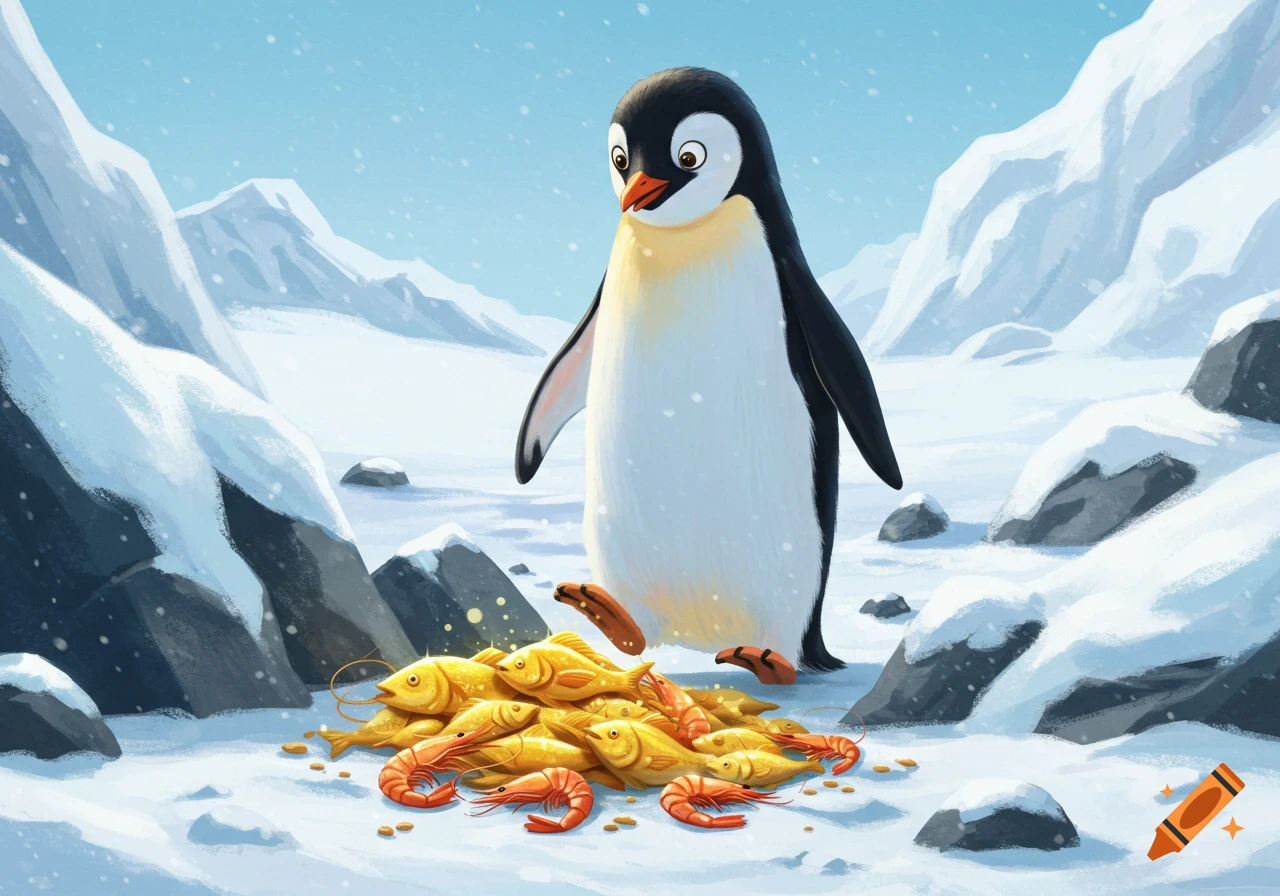 A penguin looks at a pile of golden fish and shrimp in a snowy landscape.