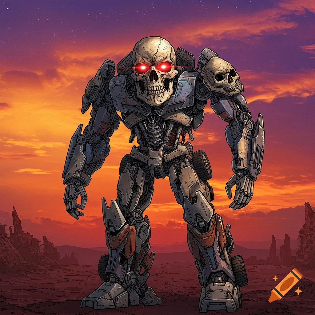 A skull-headed robot standing in a ruined city landscape at sunset.