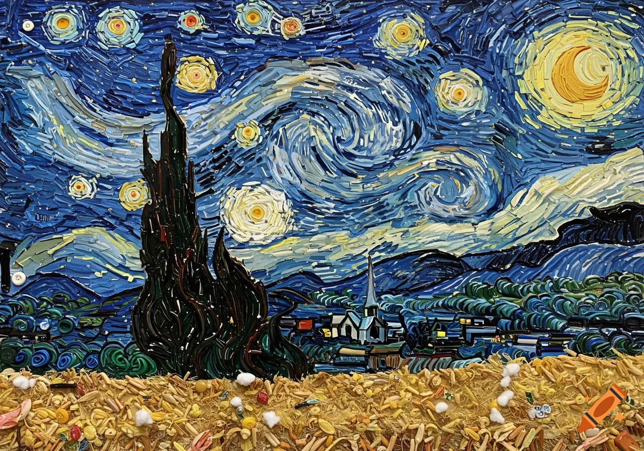 Rendition of Van Gogh's Starry Night made from household items.