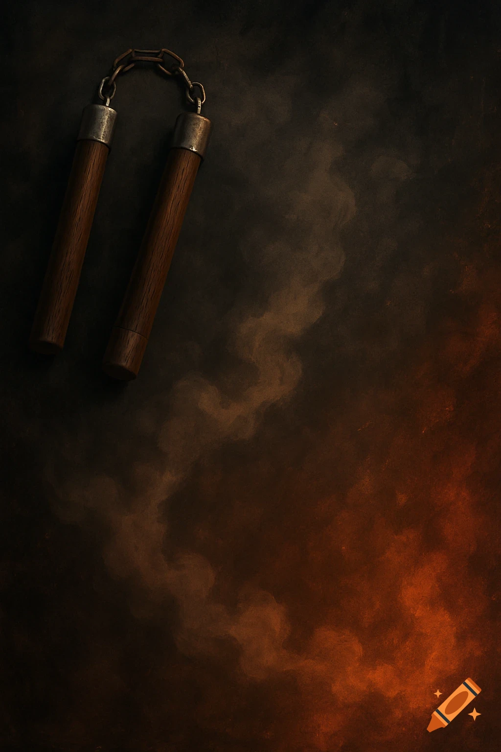 Nunchucks on a dark, smoky background with orange light.