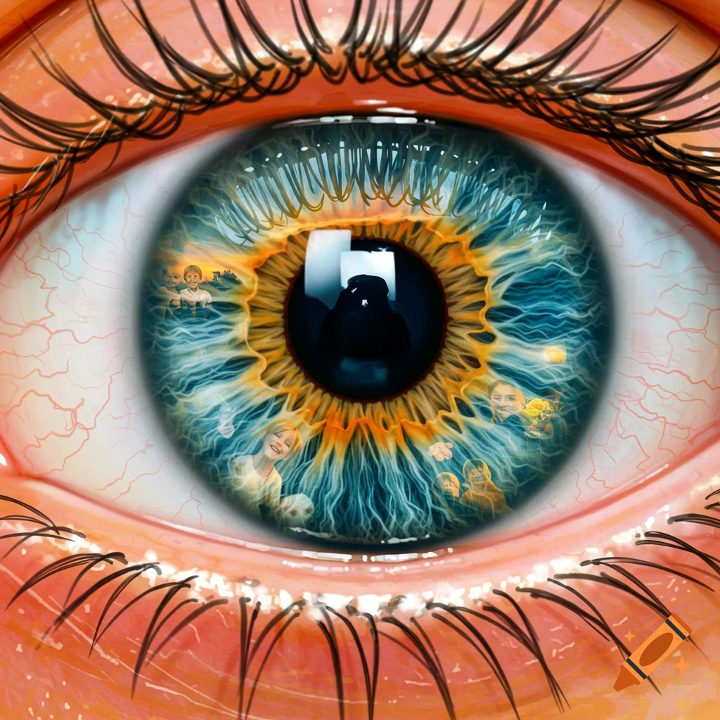 A human eye reflecting happy memories.