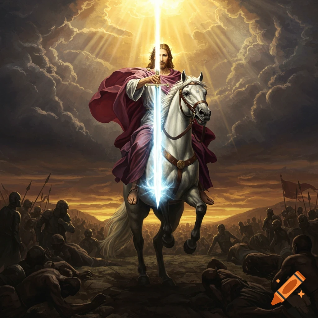 Jesus on a white horse, holding a glowing sword, with figures on the ground under dramatic skies.