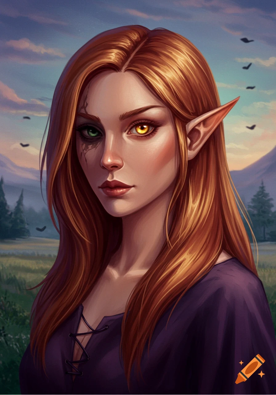 A half-elf woman with one green and one gold eye, long red hair, in a fantasy landscape.