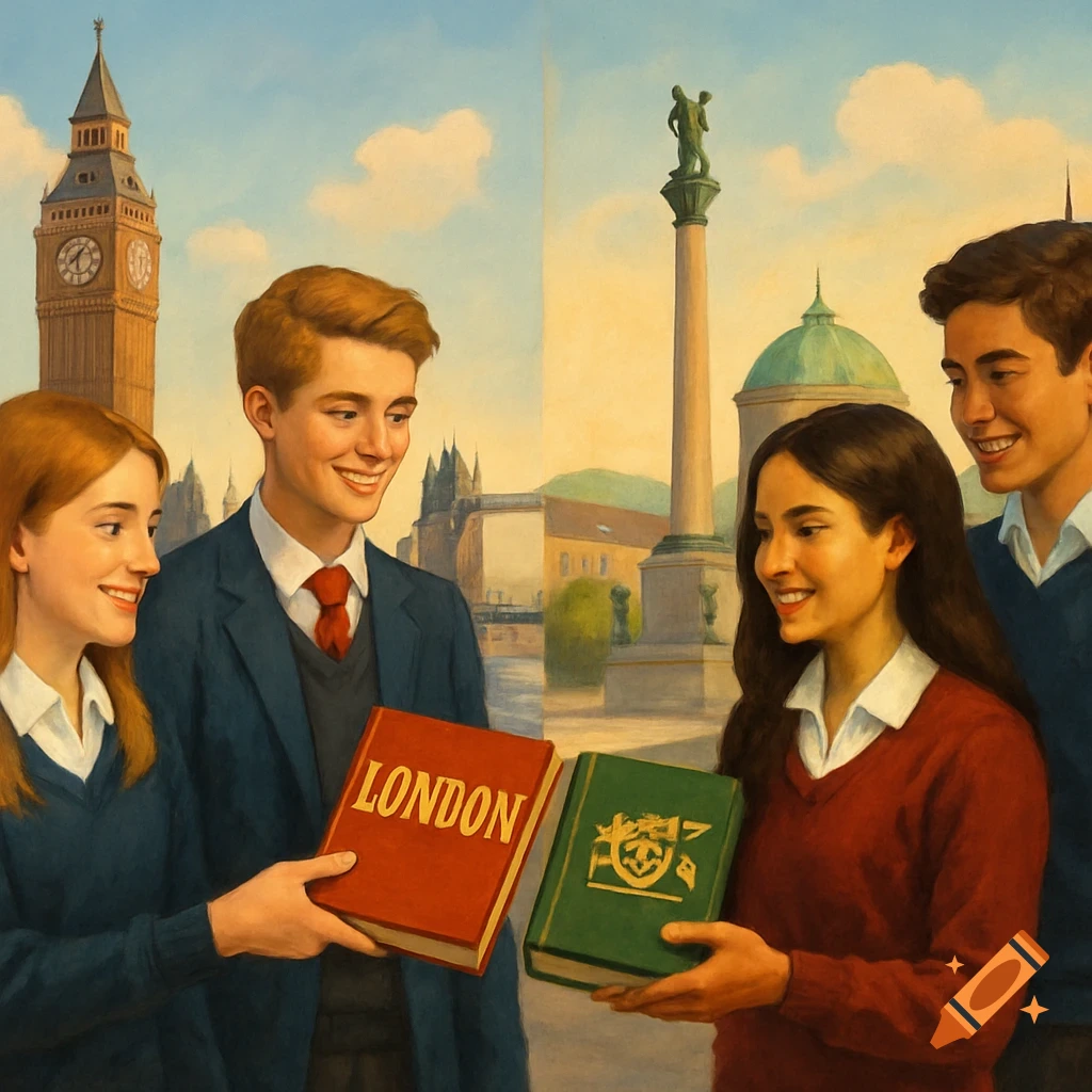Students holding books in front of a split background of London and Stuttgart landmarks.