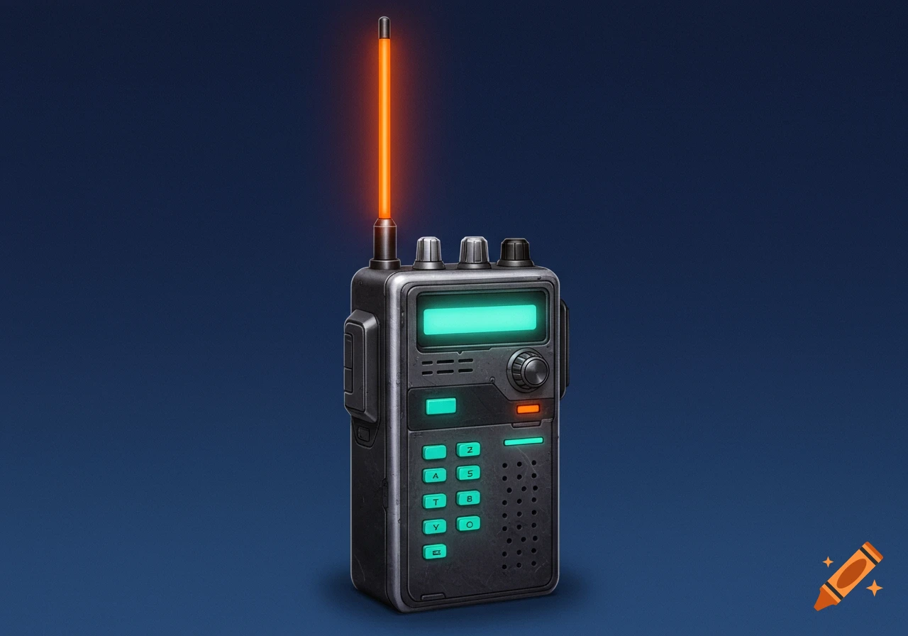 A walkie-talkie with a glowing orange antenna.