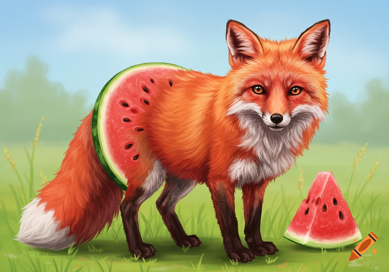 A fox with a slice of watermelon embedded in its body, standing in a field