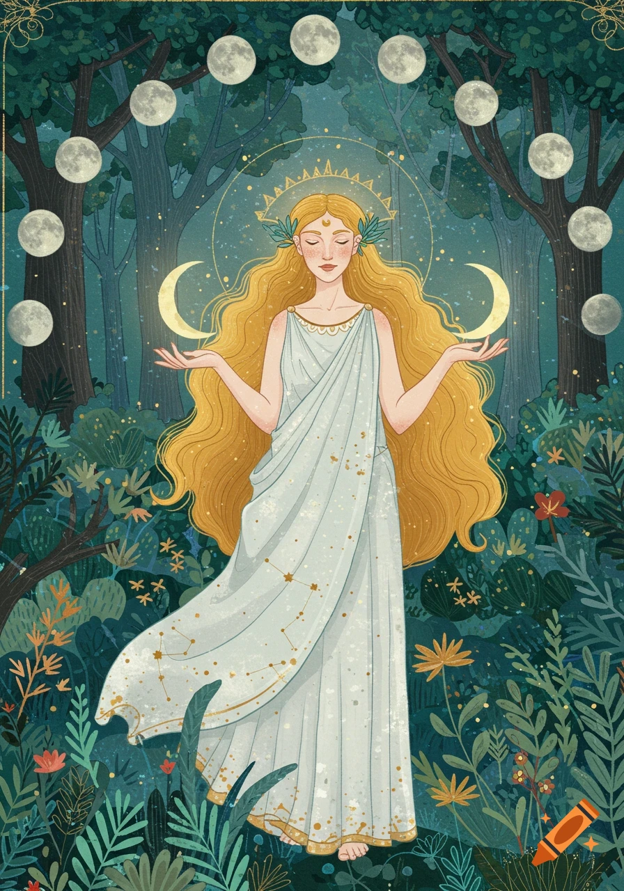 A goddess stands in a forest, holding crescent moons and surrounded by lunar phases.