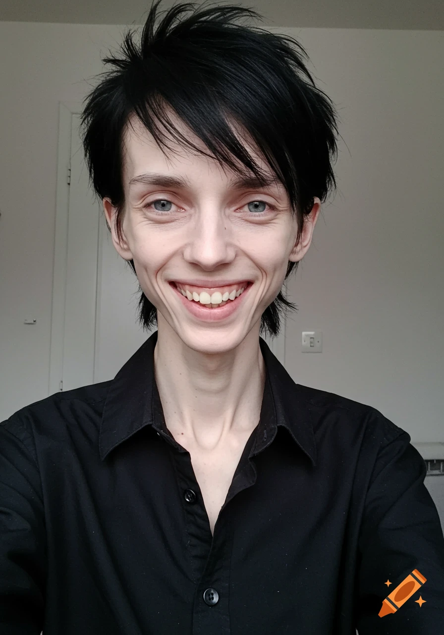 Selfie of a thin person with spiky black hair and a black shirt smiling.