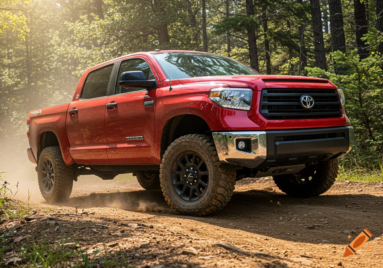 A red Toyota Tundra truck drives on a dirt road through a forest in the sunshine. Photorealistic style.