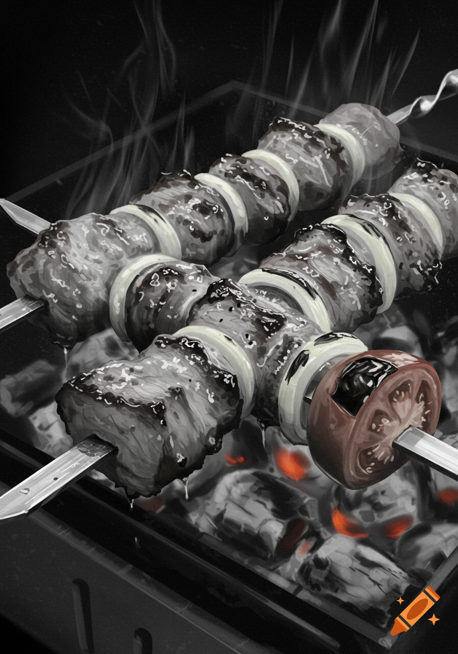Two skewers of meat and onion kebab with a tomato slice grilling over hot coals in black and white.
