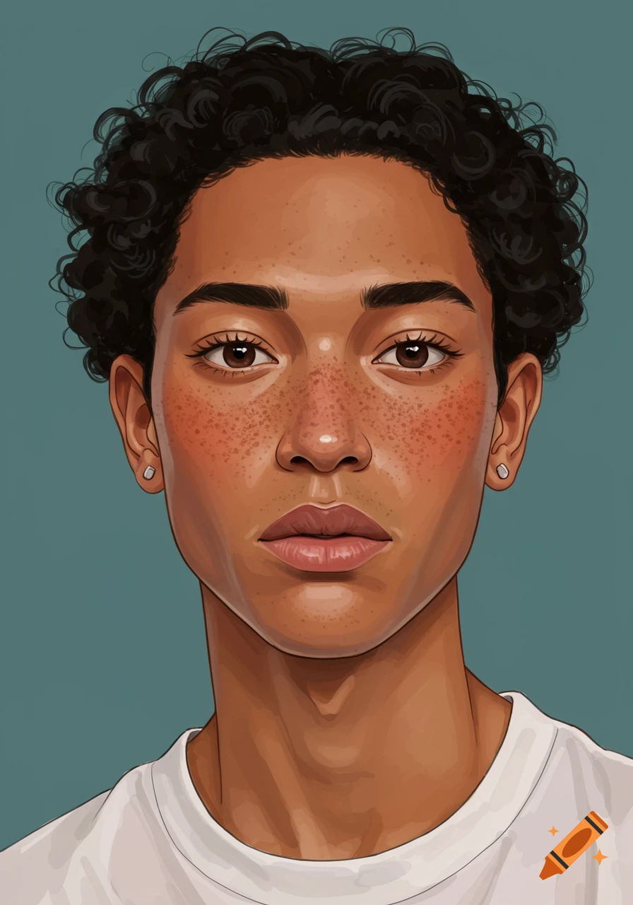 Portrait of a person with curly hair and freckles.