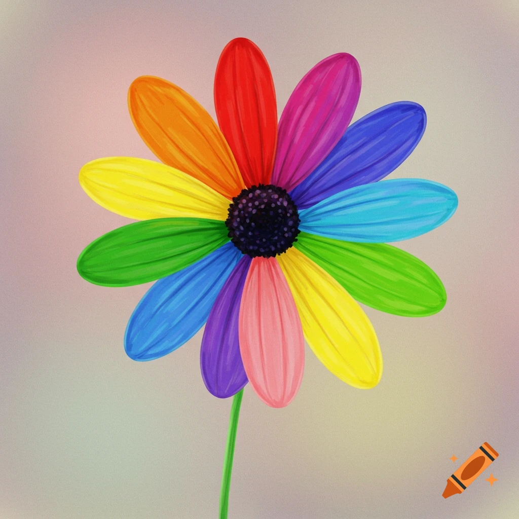 Painting of a flower with rainbow petals on a gradient background.