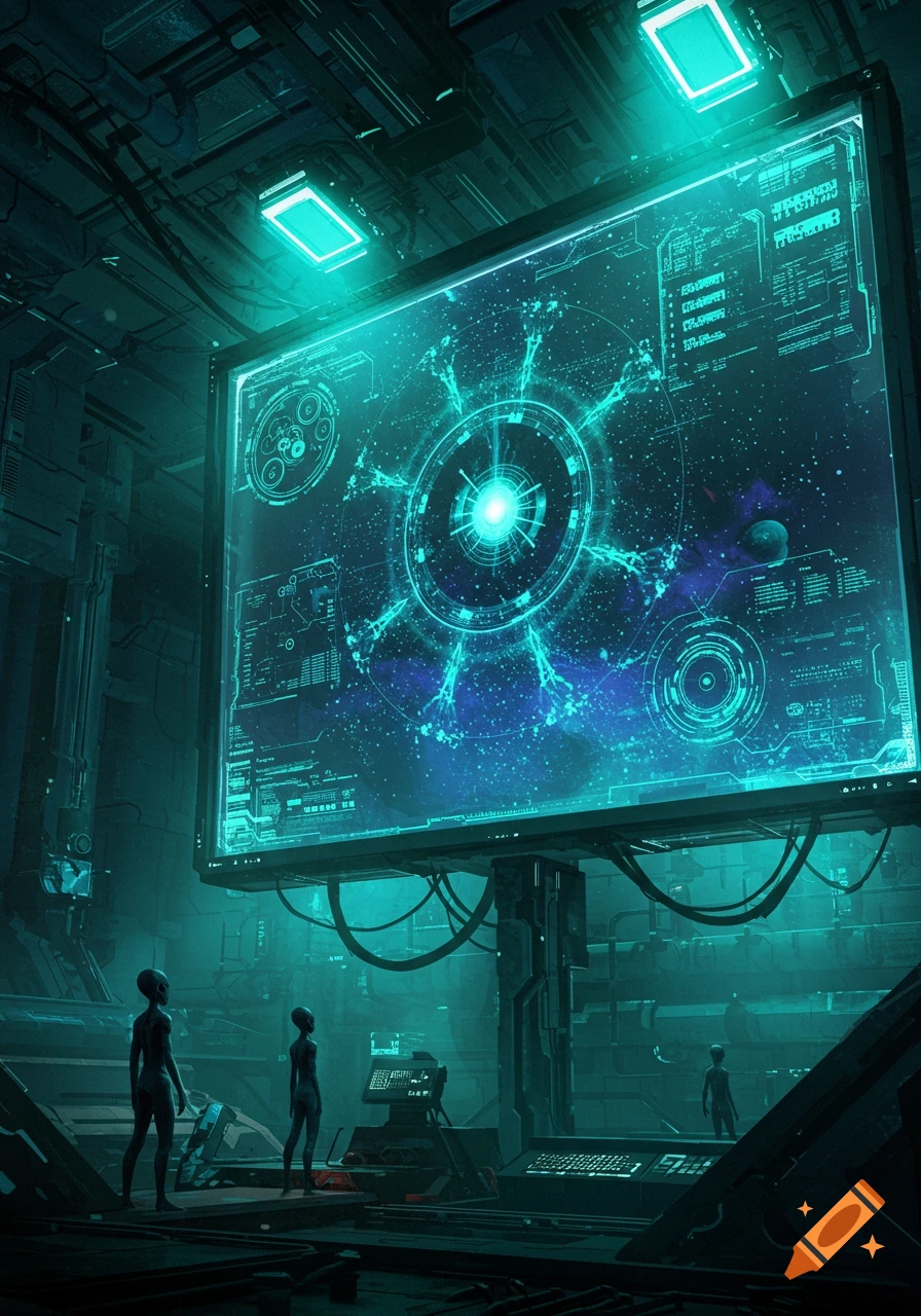 Aliens gaze at a large holographic screen displaying data inside a dark, high-tech spaceship interior.