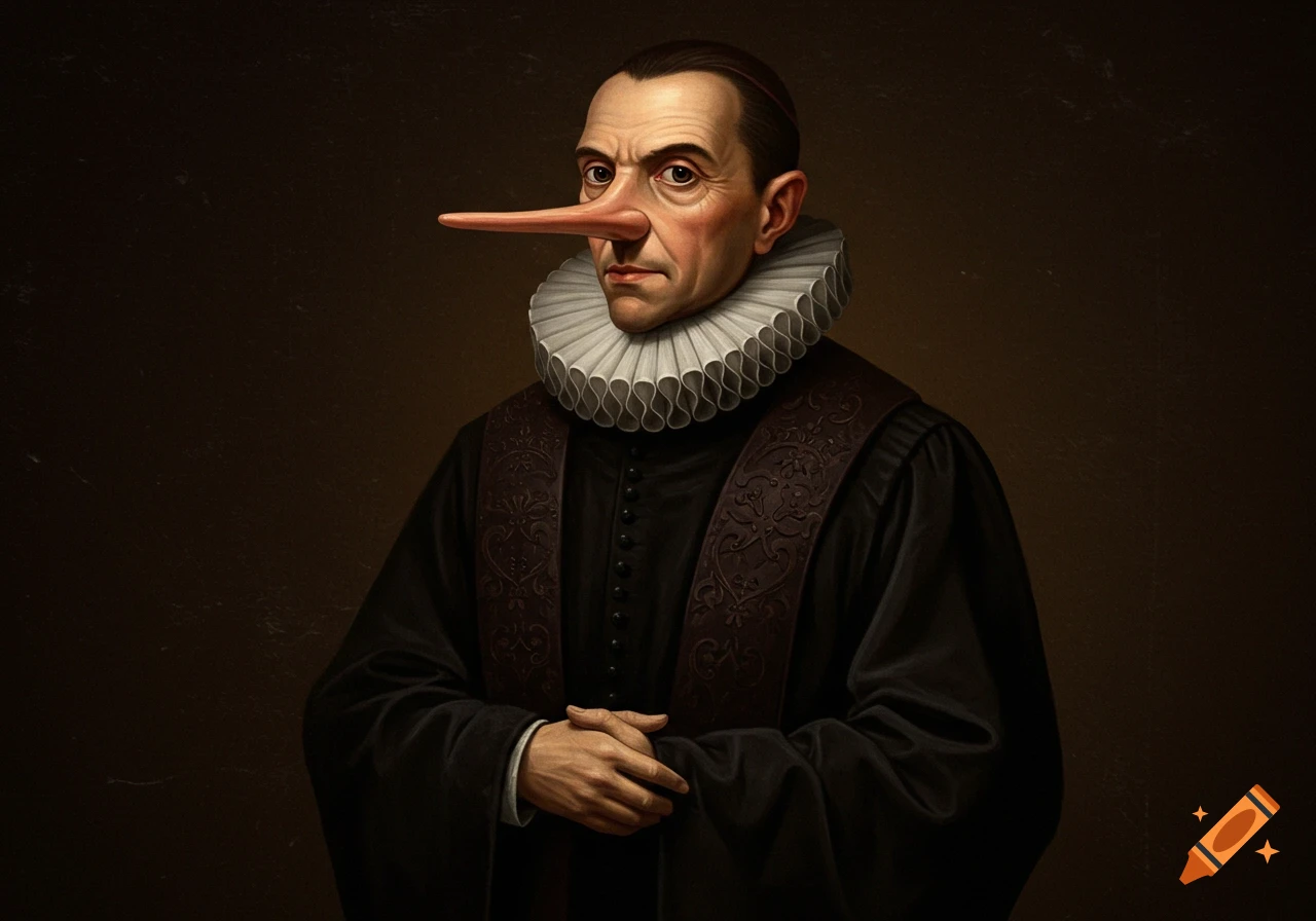 A man with a long nose wearing a ruff collar and black robe, in the style of a historical portrait.