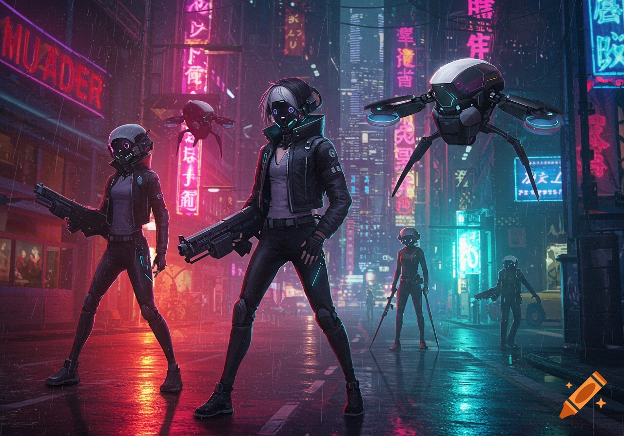 Armored figures with guns and drones on a rainy cyberpunk city street with neon signs.