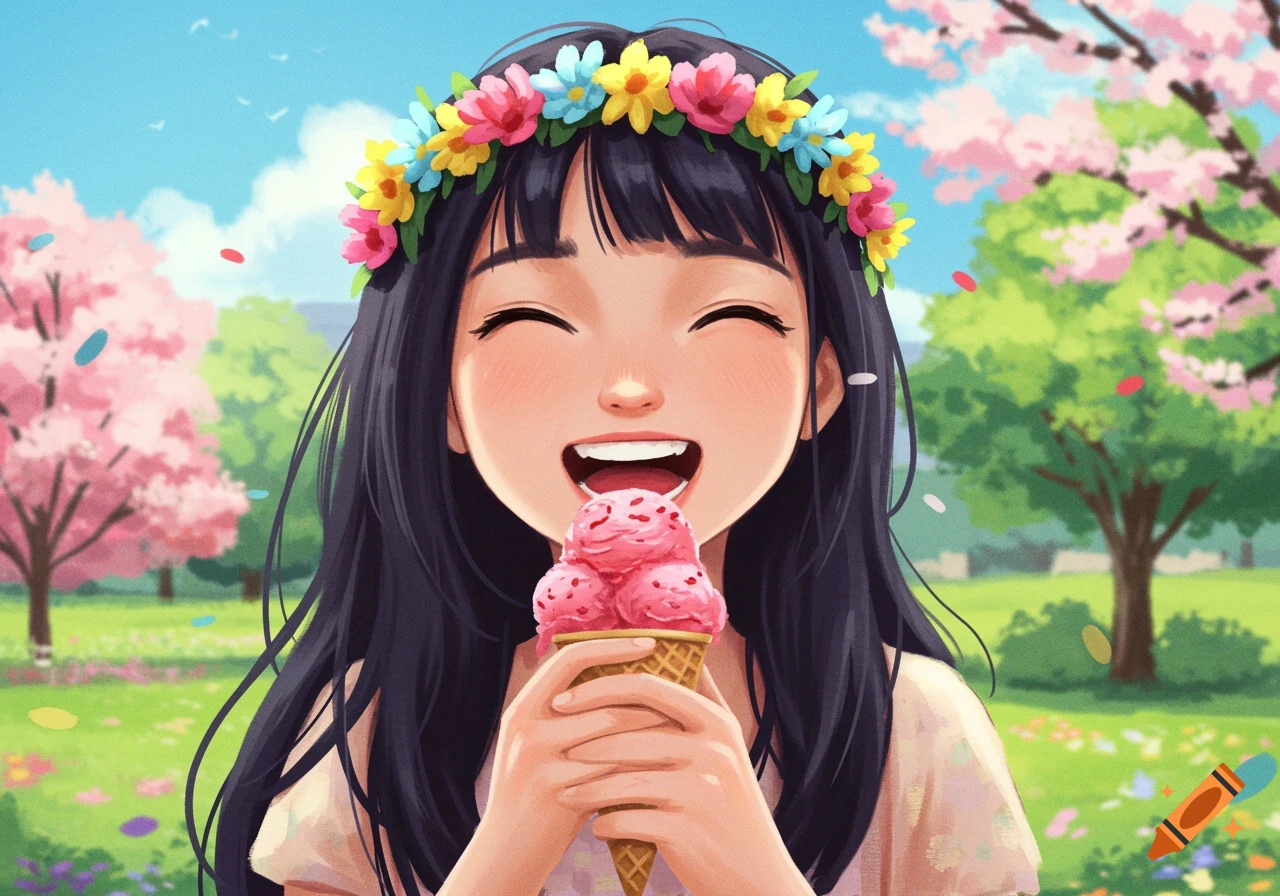 Whimsical image of a joyful girl with a flower crown eating strawberry ice cream in a bright park with blooming trees.