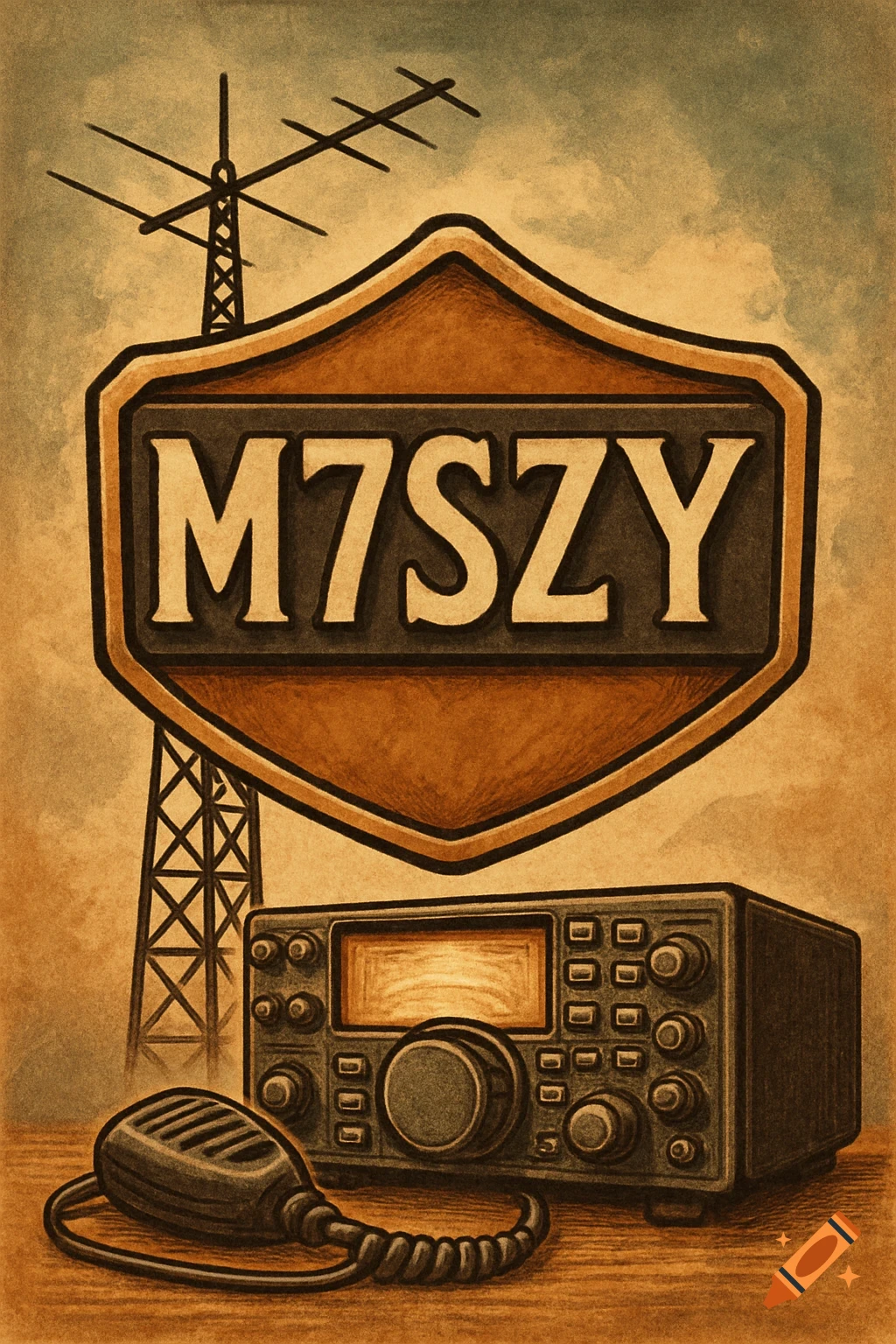 Vintage illustration of a ham radio station badge with M7SZY text, radio tower, transceiver, and microphone.