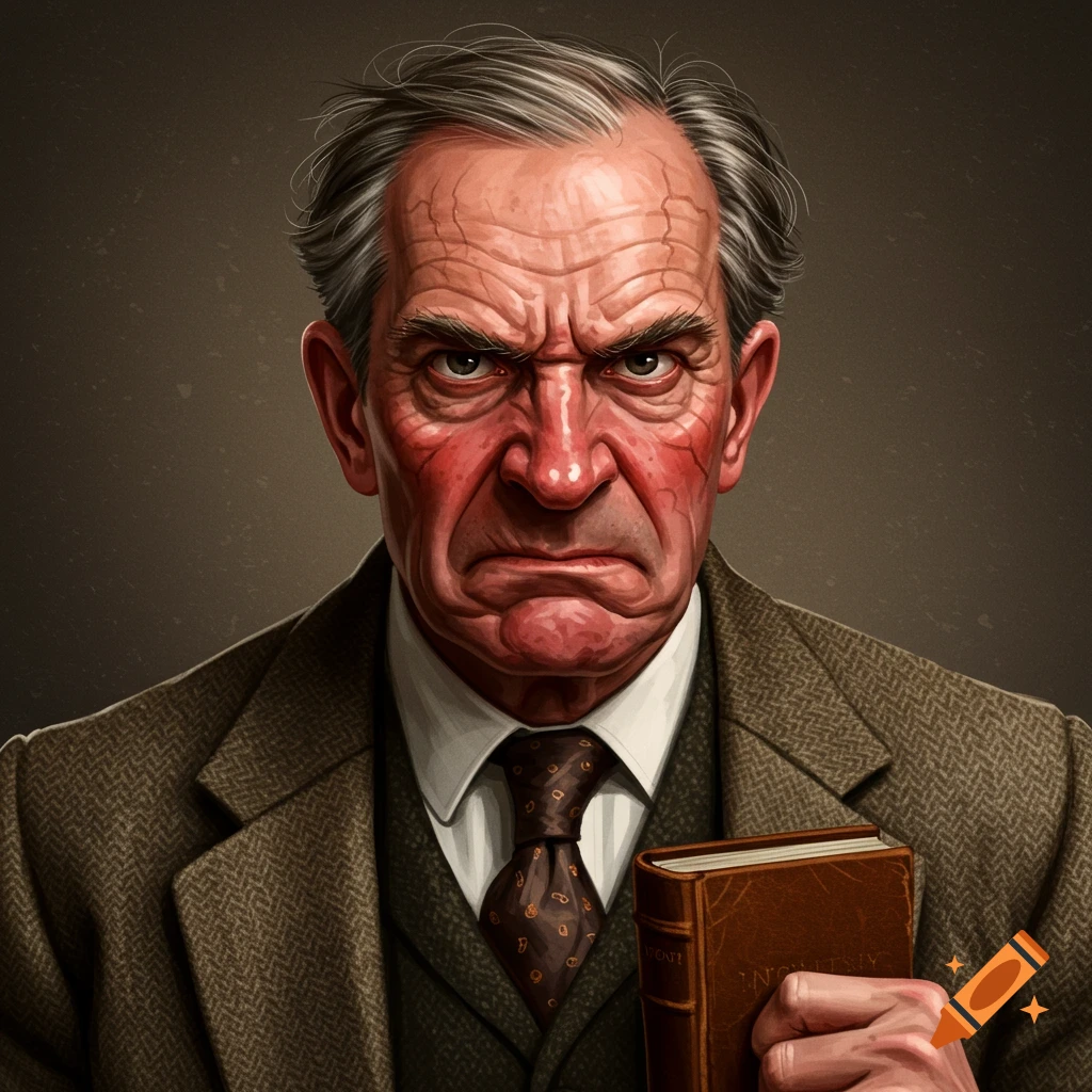 An older man in a suit is holding a book and appears to be angry.