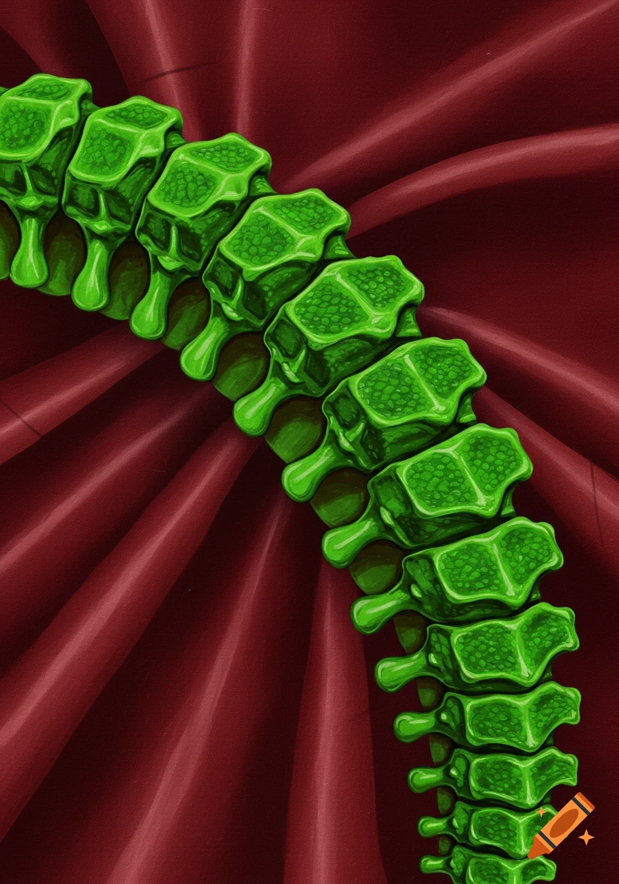 Bright green segmented structures resembling vertebrae on a dark red, wavy background.