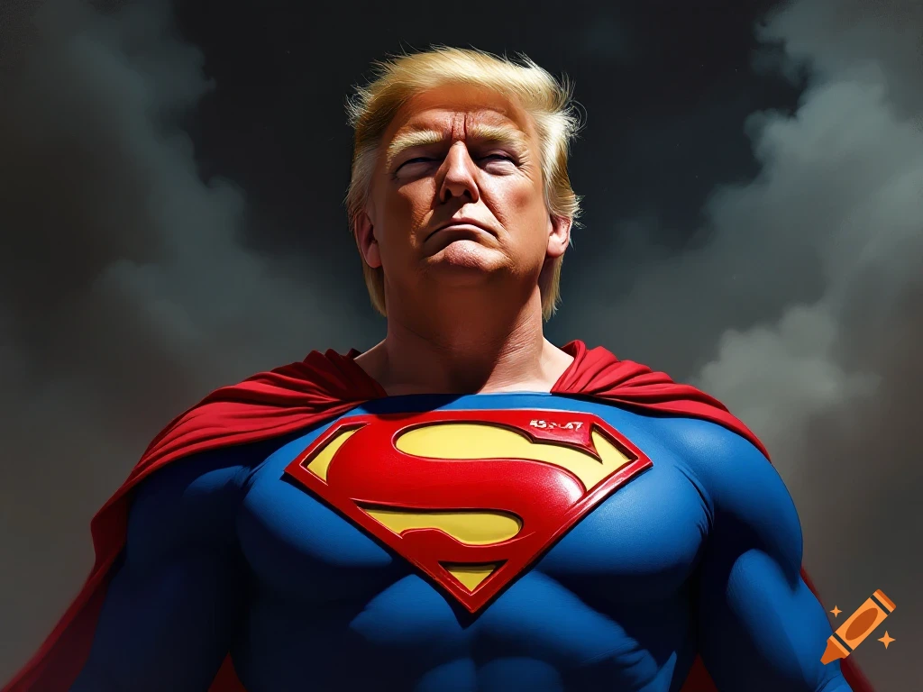 A depiction of Donald Trump wearing a Superman costume with a red cape.