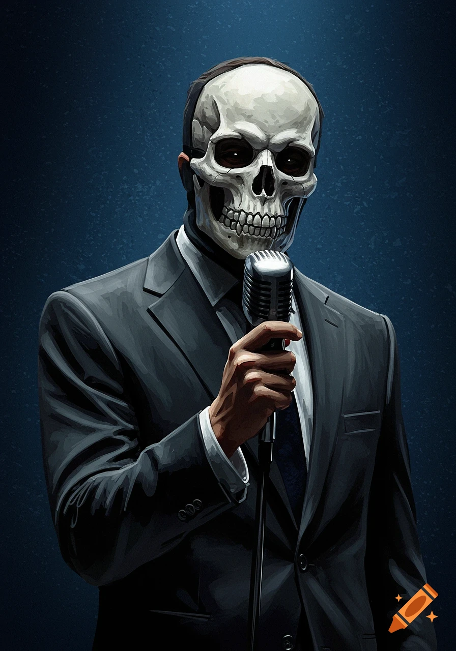 A person in a suit and skull mask is holding a microphone.