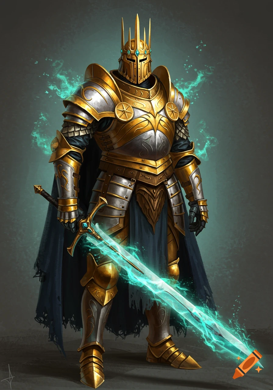 A knight in ornate golden and silver armor holds a glowing cyan magic sword.