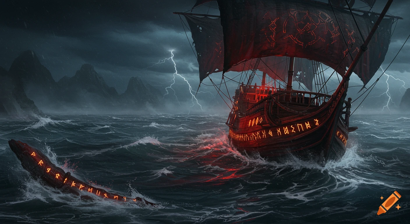 A dark ship with glowing runes sails through a stormy sea under a lightning-filled sky.