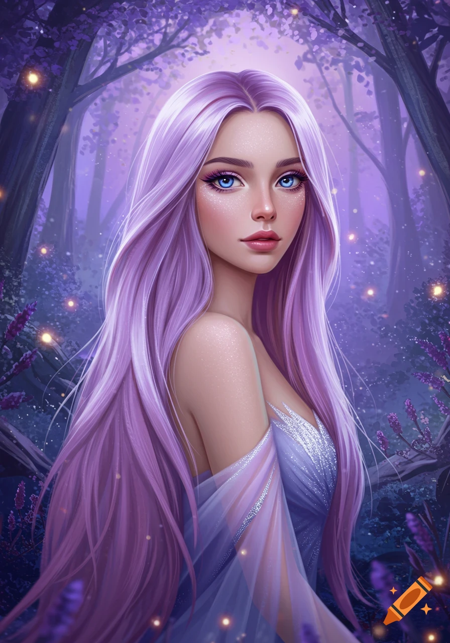 A woman with long purple hair and blue eyes is shown in a mystical forest.
