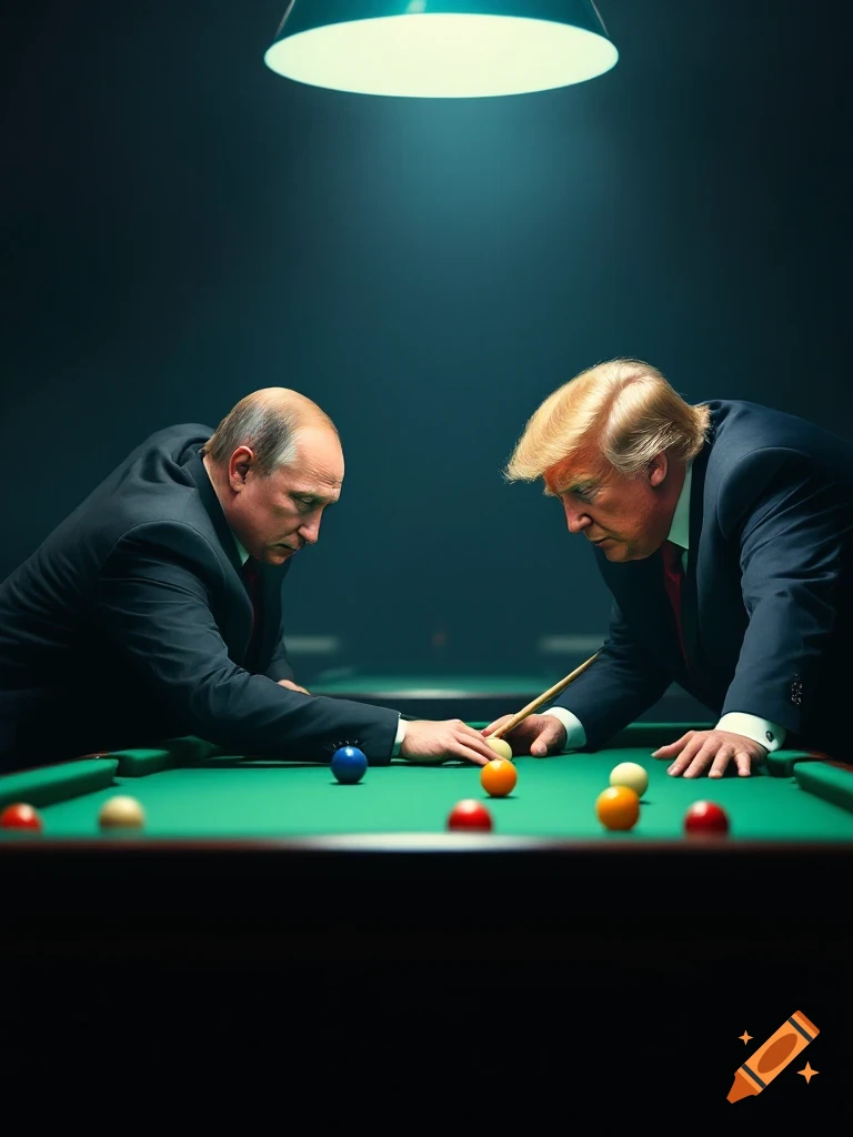 Donald Trump and Vladimir Putin playing pool in a dimly lit room.