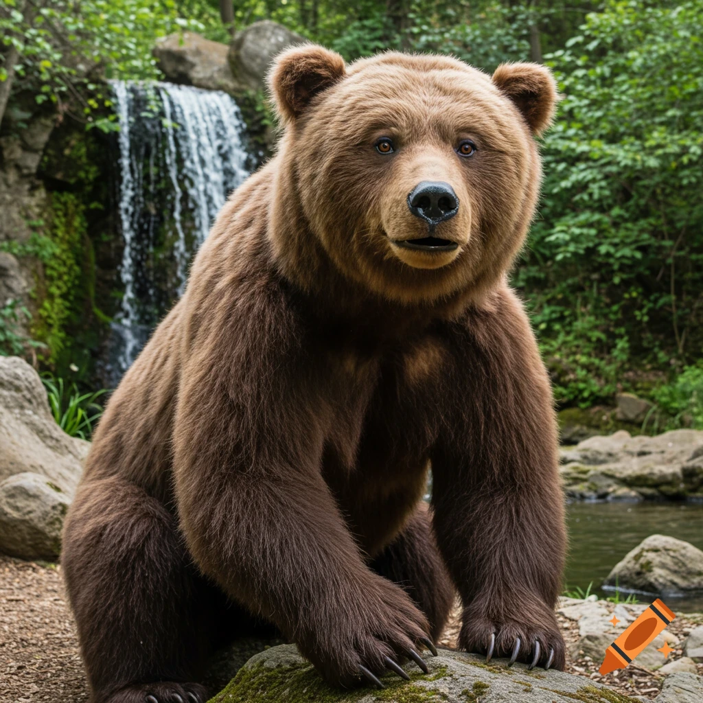 A brown bear sits on a rock in front of a waterfall in a forest.