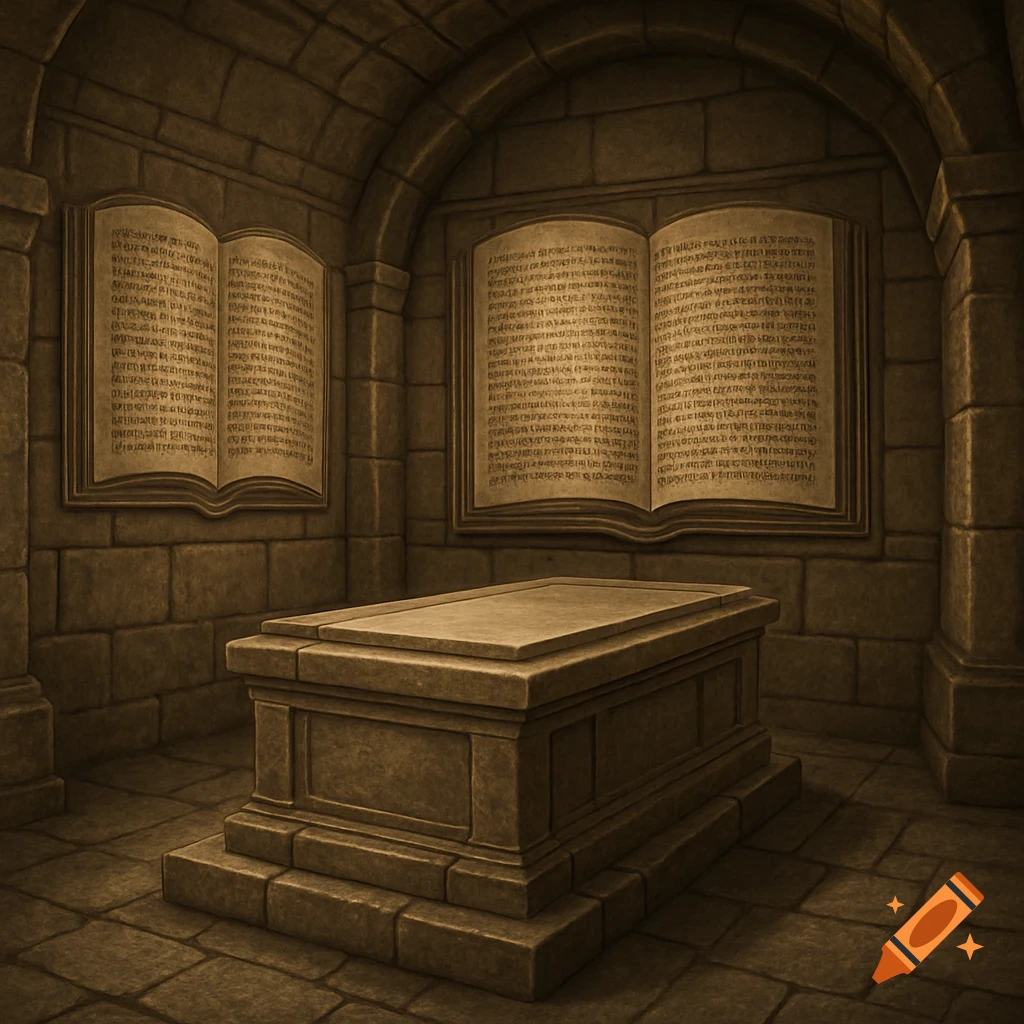 Stone sarcophagus in a stone room with carved open books on walls.