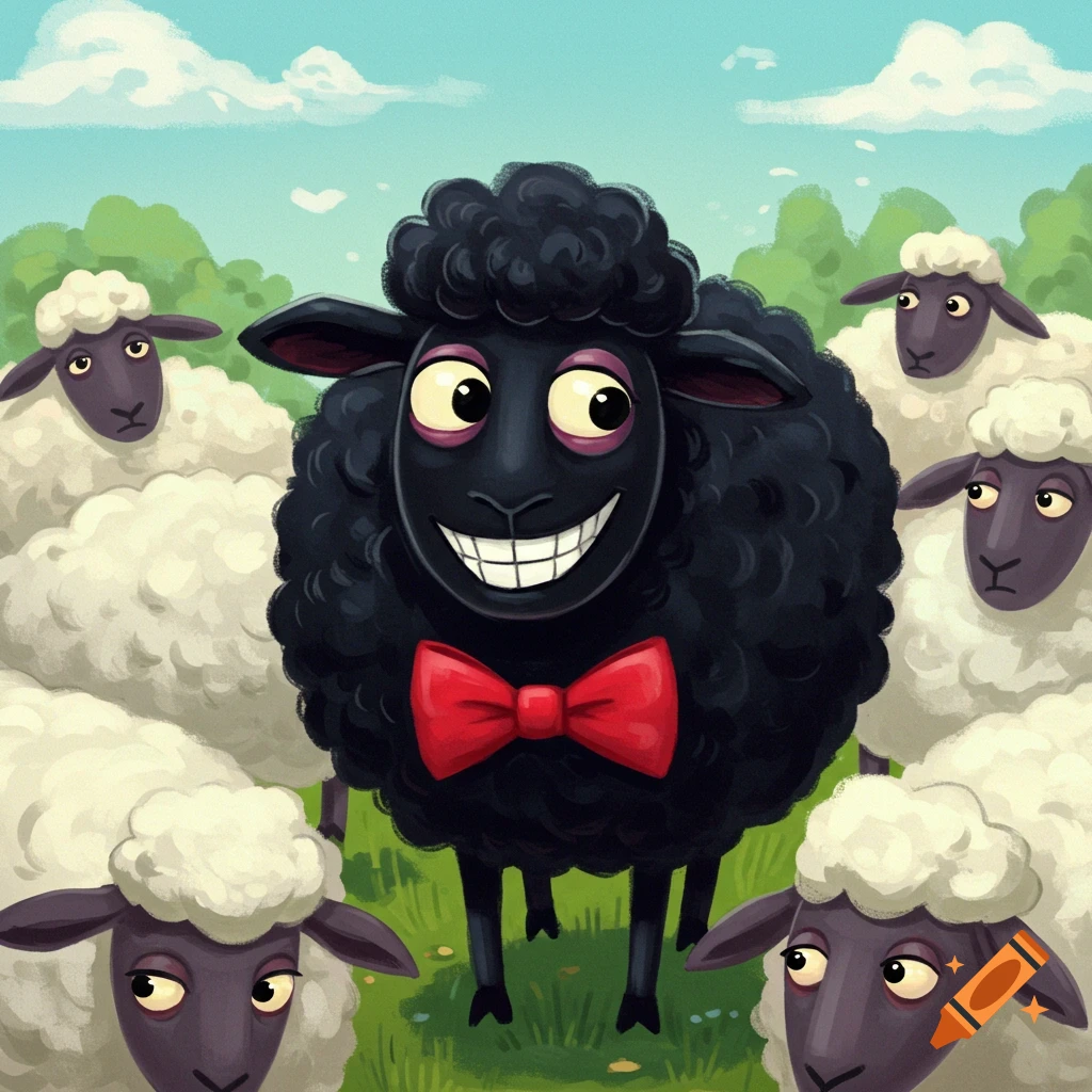 A cartoon black sheep wearing a red bowtie smiles broadly among white sheep in a grassy field.