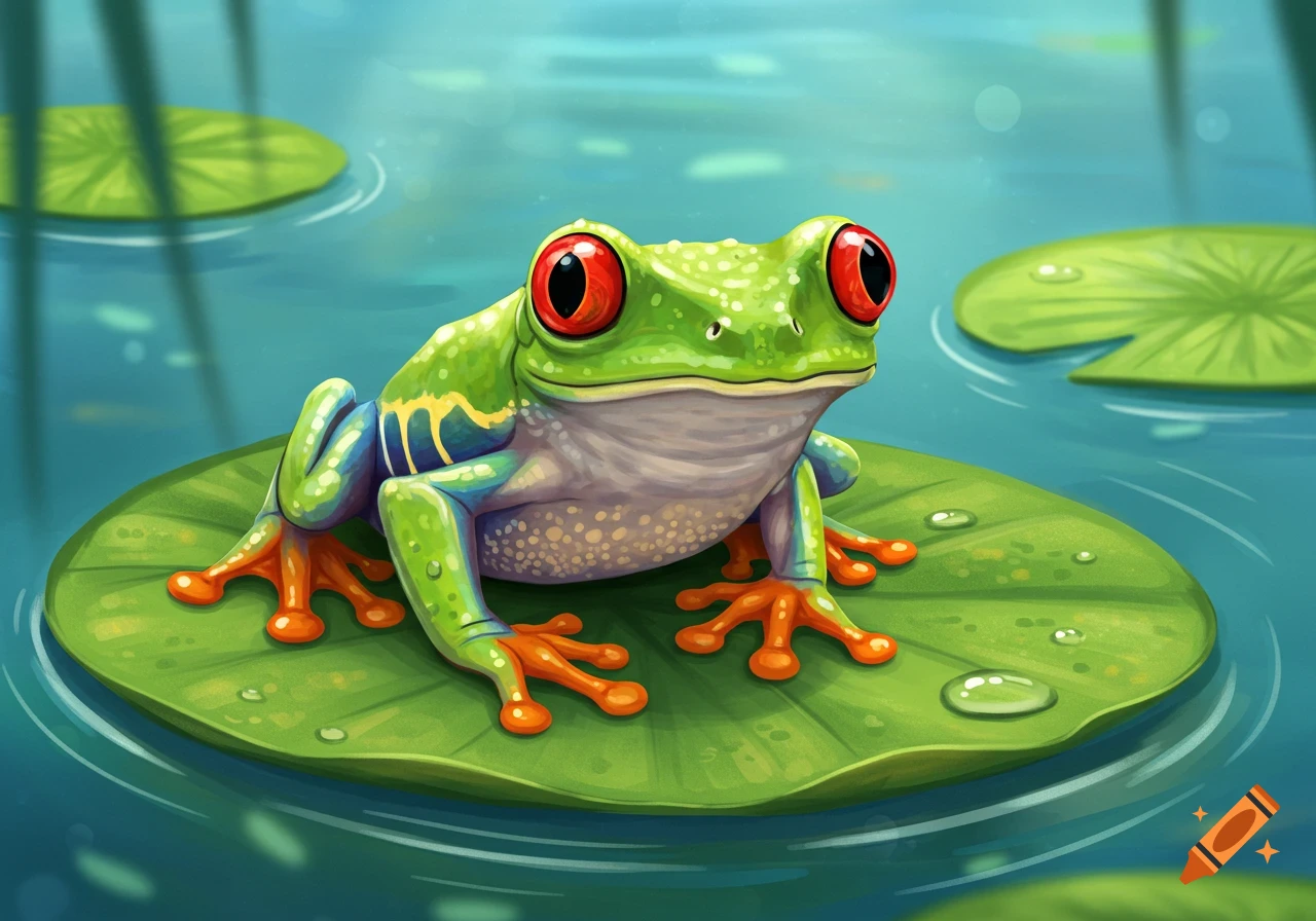 A red-eyed tree frog sitting on a lily pad in water.