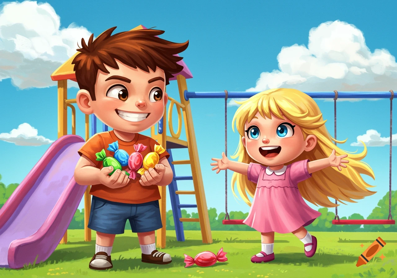 Cartoon of a boy and girl at a playground with candy.
