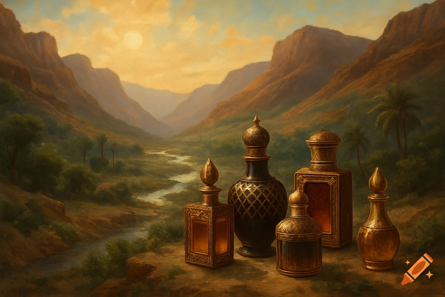 Ornate perfume bottles overlooking a winding river valley at sunset.