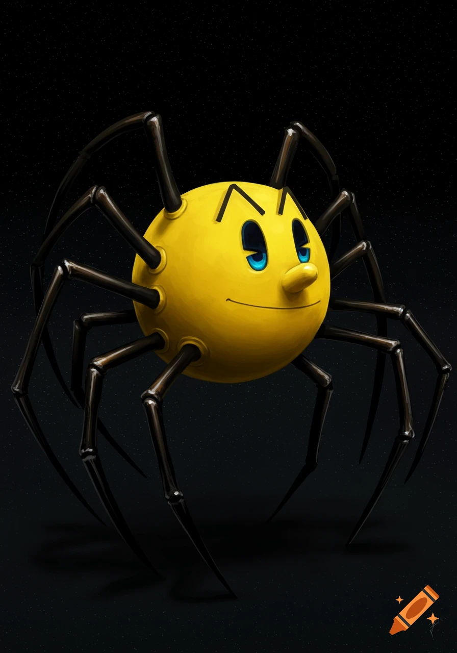 A yellow spherical creature with Pac-Man's face and spider legs is shown on a dark, starry background.