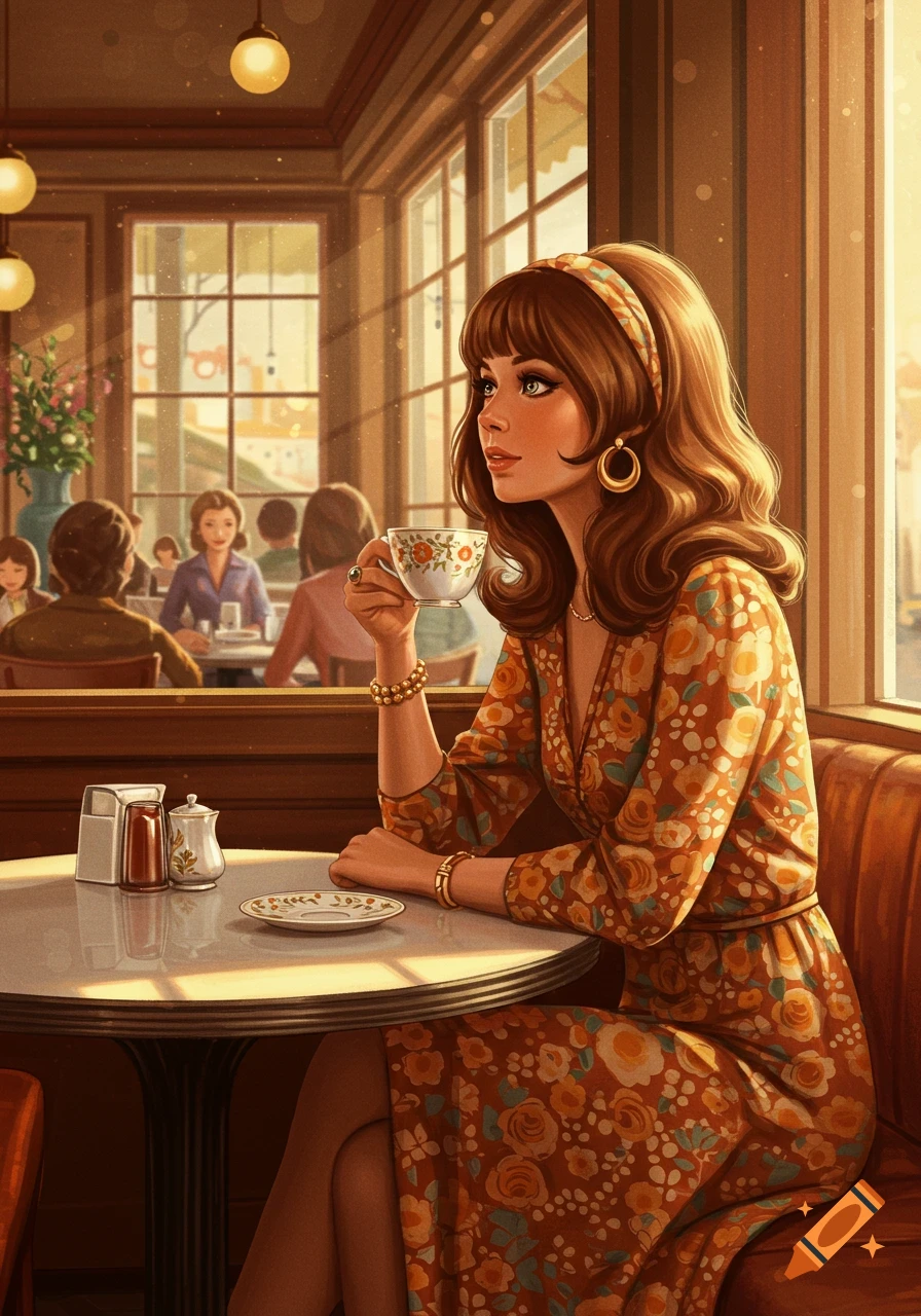 A woman in a 70s-style cafe drinks coffee.