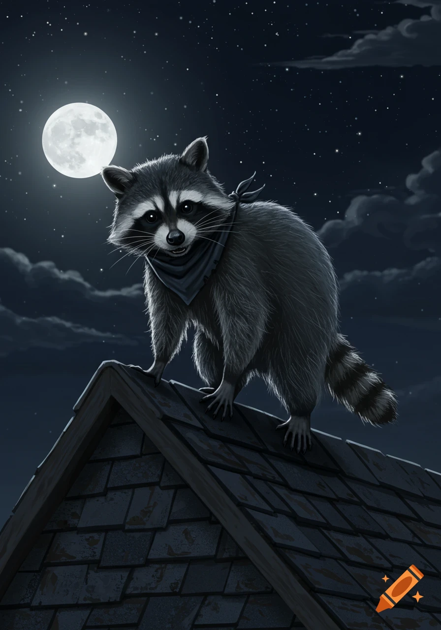 A realistic depiction of a raccoon standing on a roof at night under a full moon