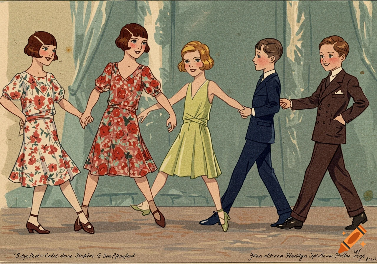 Illustration of five children in vintage 1930s clothes dancing and holding hands.