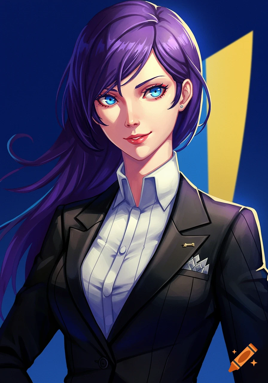 A woman with purple hair and blue eyes wears a black suit and white shirt.
