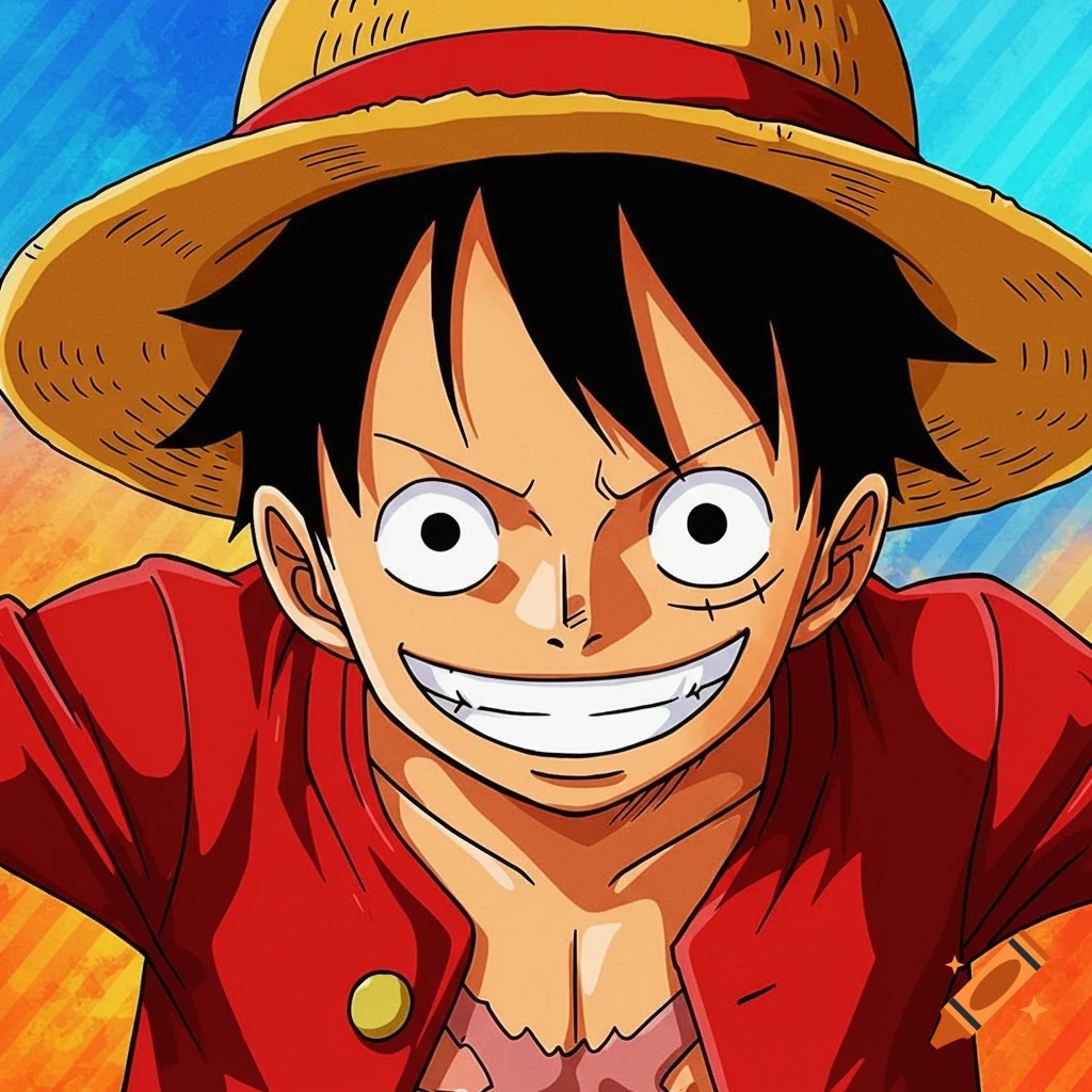 Close-up of an anime character in a straw hat smiling widely