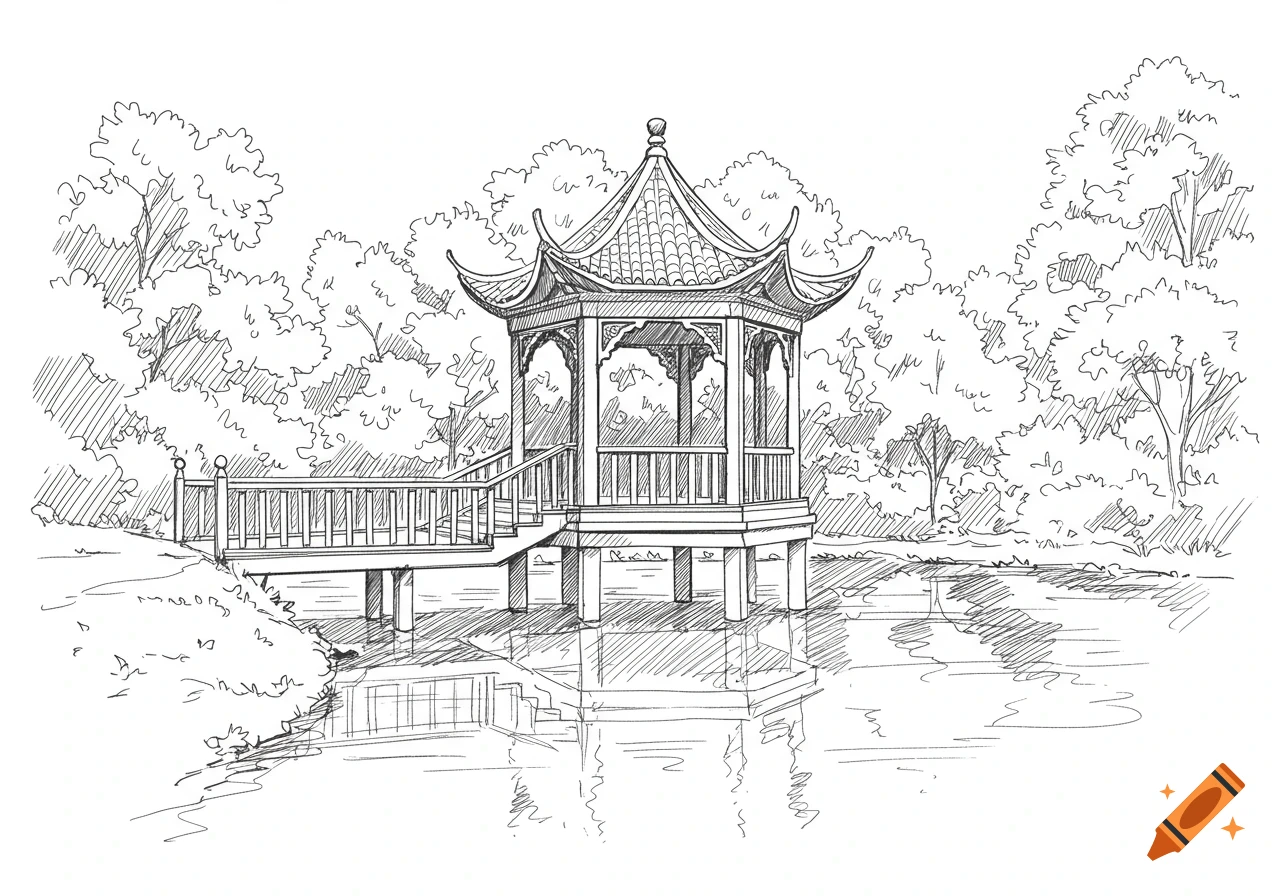An outline drawing of a gazebo over water with trees in a park.