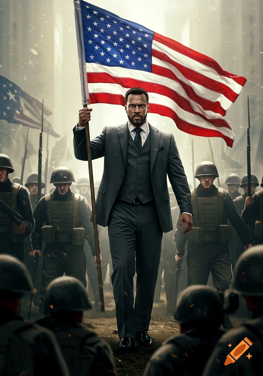 A man in a suit holding an American flag with soldiers behind him.