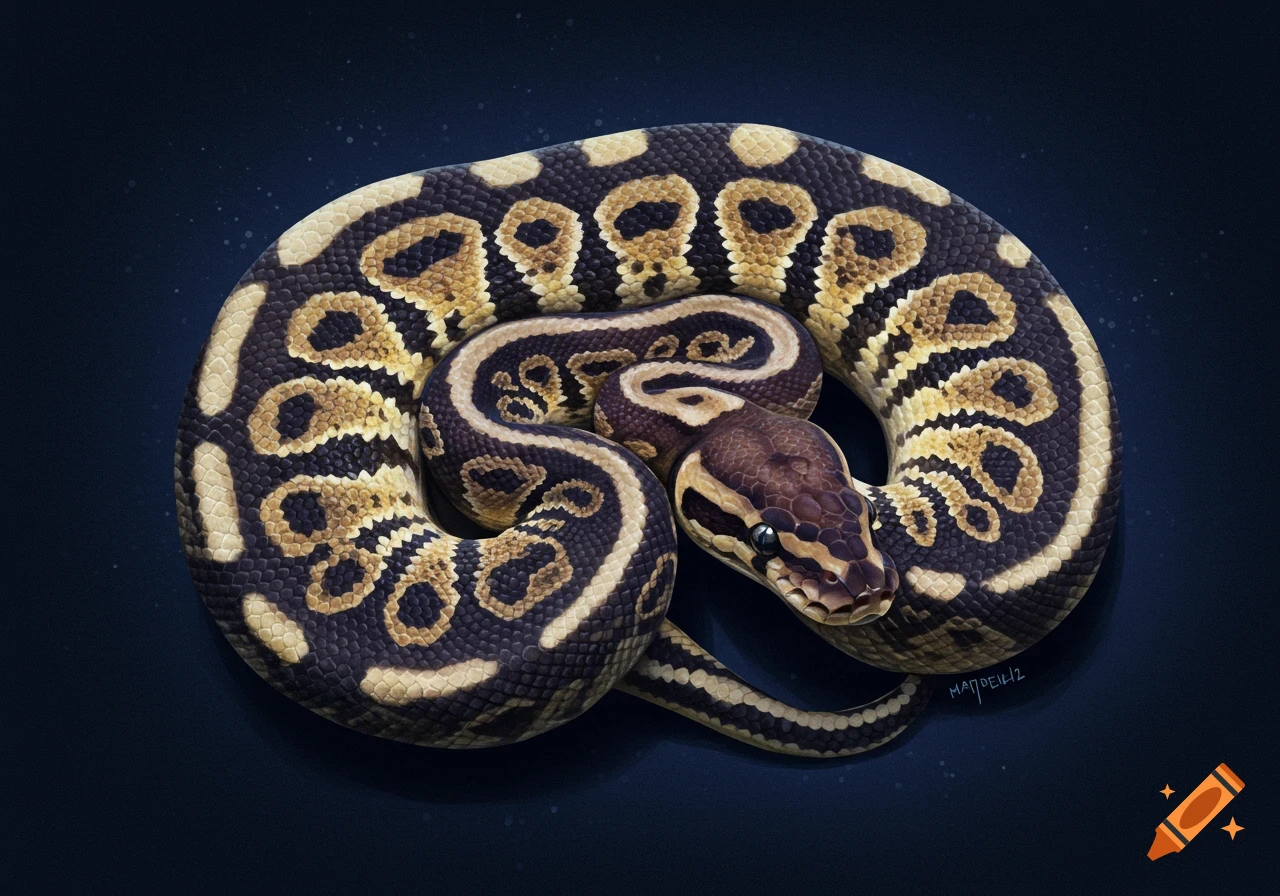 A coiled ball python on a dark background.